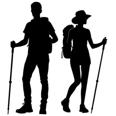 Vector silhouette of accurate, realistic people at trekking men and women on white background