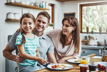 Poster - Portrait, breakfast meal and happy family with children, mother and father, bonding and prepare ingredients. Morning food, cooking and hungry woman, man and daughter in home kitchen eating pancakes