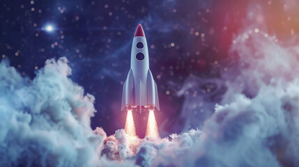 Aufkleber - Illustration of a space rocket ascending amidst clouds with a cosmic backdrop