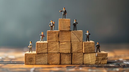 Wall Mural - An artistic rendering of employees building a pyramid out of blocks, symbolizing building a successful career step by step. 