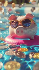Wall Mural - a pink porcelain piggy bank object in sunglasses on a pool floater, lots of coins around it