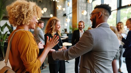 A group of diverse business professionals networking at a conference. AIG535