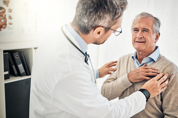 Canvas Print - Consultation, man and doctor in office with shoulder pain, checkup and health advice at senior clinic. Diagnosis, elderly patient and medical professional with support, muscle injury and healthcare