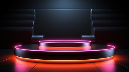 Podium with neon glow on a black background, 3d render 