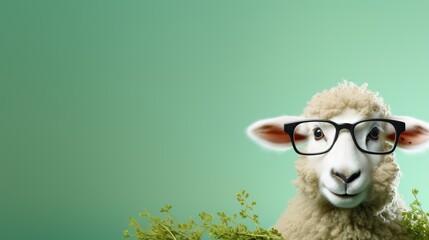 funny sheep with glasses eating grass, funny bakra eid, eid ul adha, eid mubarak wallpaper with copy space on pastel green background
