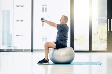 Weights, physio and old man with gym ball, muscle stretching and fitness for senior person. Physiotherapy, dumbbells and elderly patient in mobility training, exercise or healthcare in retirement