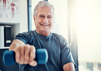 Canvas Print - Happy, physio and old man with dumbbell, smile and stretching at clinic for senior rehabilitation. Physiotherapy, weights and elderly patient in mobility training, exercise or health in retirement