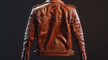 Poster - Back View of Brown Leather Jacket on Dark Background, Generative AI