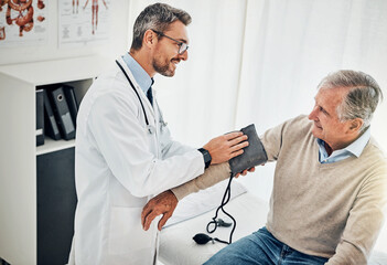 Poster - Consultation, man and doctor in office for blood pressure, checkup and health advice at clinic. Diagnosis, elderly patient and medical professional with support, hypertension and healthcare test