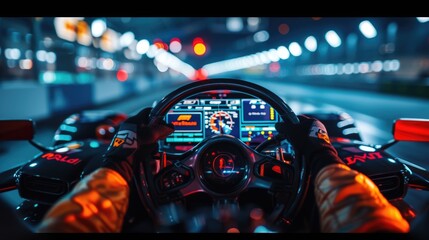 Professional racing car driver driving surrounded with panel while holding car steering wheel with blurring background. Hand on the wheel and driving high speed. First person point of view. AIG42.