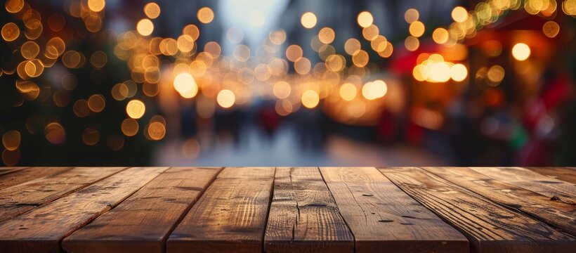 Christmas background - Empty wooden table boards with defocused bokeh Christmas Fair lights on christmas market. Template for product display, Generative AI