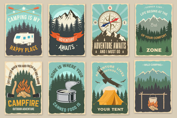 Wall Mural - set of summer camp quotes patches. vector. design with rv trailer, camping tent, forest, bear, deer,
