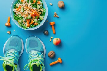 Wall Mural - Fried rice cake, salad bowl with nuts and fruits on blue background, dumbbells and sports shoes for fitness concept, top view flat lay with copy space, text 