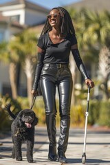 Wall Mural - Full body photo of an attractive smiling young dark skin woman in leather pants with white cane and service dog walking outside residential complex, park view
