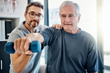 Poster - Arm weight, senior man and physiotherapy with healthcare, wellness and client assessment at doctor. Consultation, rehabilitation and exercise from physical therapy and recovery of patient with care