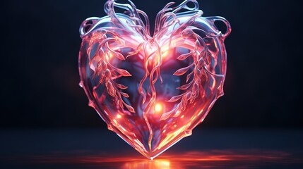 Wall Mural - 3d transparent heart shape on a dark background. fluid neon glass-like sculpture. a glowing heart sh