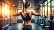 © haloviss - Back view of a young woman holding dumbbells. blurred background, realistic light and shade, AI generated.