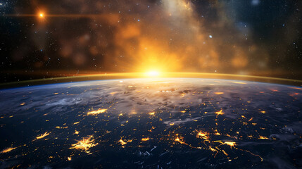 Aufkleber - Dramatic view of a vibrant sunrise from space, illuminating earth with a warm glow