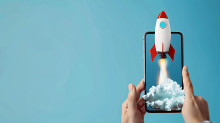 Aufkleber - Smartphone showcasing 3d rocket launch, symbolizing progress and advancement