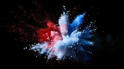 Poster - Dynamic explosion of red and blue powder, creating a vivid contrast against a dark backdrop