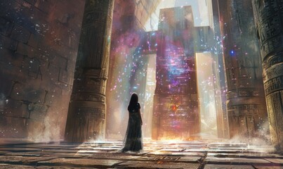Wall Mural - A mystical woman stands in an ancient temple surrounded 