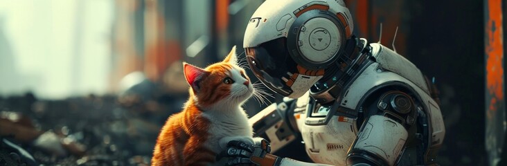 A robot is petting an orange and white cat, with the robot's head resting on its chest in a closeup shot