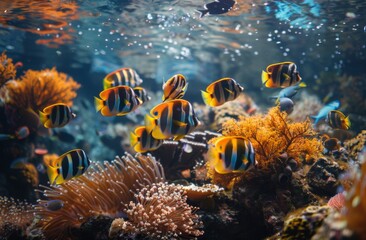 Wall Mural - A school of striped fish swimming over the coral reef in an underwater scene
