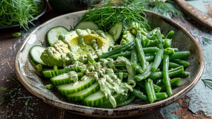 Wall Mural - Green Salad with Avocado, Cucumber, Green Beans and Dill Dressing in a Bowl