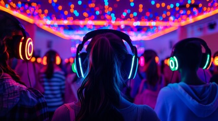 Wall Mural - Silent Disco Party with Neon Lights.