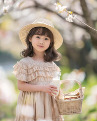 Asian girl in a light color frilled Spring dress standing and carrying a small picnic basket with sandwich and a bottle of milk inside in a Sakura park