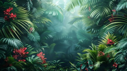 Wall Mural - A tropical jungle scene with vibrant red flowers and a variety of lush green foliage, conveying a sense of vitality and natural beauty