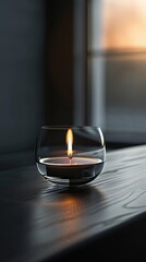 Poster - Round glass candle holder with burning candle sitting on a wooden surface