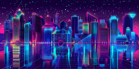 Wall Mural - Pixel art retro wave. panorama of big city. wide banner. Space for text. neon cyberpunk digital 8 16 32 64 bit painting. poster, flyer, banner, email, header, social media post. Generative Ai content