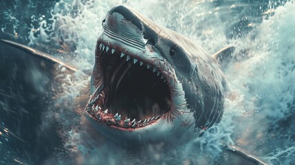 Wall Mural - An intense moment as a great white shark breaches the water surface with jaws open against a backdrop of turbulent waves