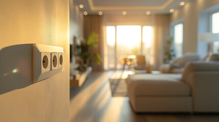 a power outlet in a bright living room, detailed and clear view