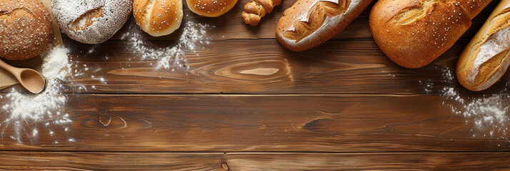 Wall Mural - A floury wooden table in the corner with freshly baked breads
