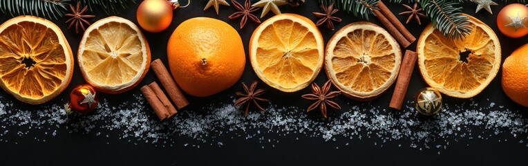 Wall Mural - Festive Holiday Greeting Card Frame with Ornaments, Dried Orange Slices, Cinnamon Sticks, Star Anise, and Snow on Black Concrete Table Texture - Top View