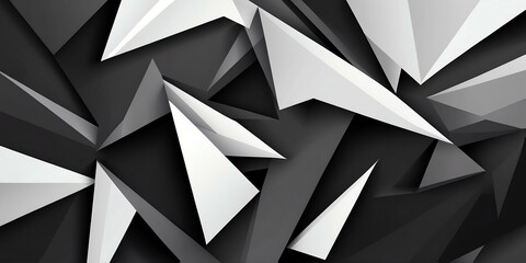 abstract black and white background with random geometric triangle pattern for banner. Dark gray elegant color with textured light shapes