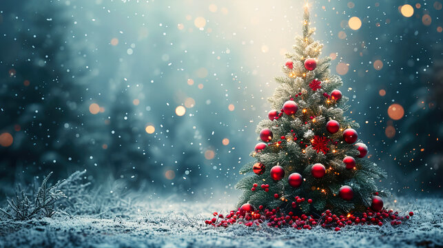 A Christmas tree and red Christmas balls with winter glowing blurred the background