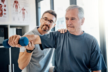 Poster - Weight, senior man and physiotherapy with chiropractor, wellness and client assessment at doctor. Consultation, rehabilitation and arm exercise from physical therapy and recovery of patient with care