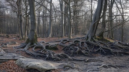 Wall Mural - in a wooded area tree roots and rocks intertwined in a tangle testament to the power of frost wedgin