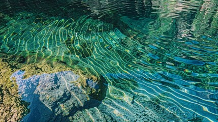 Wall Mural - The reflective surface of a halocline in a cenote resembles a rippling pool of oil shimmering with hues of blue and green.