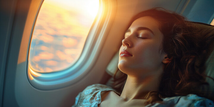 Young woman taking a nap on an airplane while traveling
