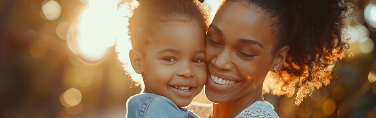 Afro Mother and Daughter Embrace Sunshine, Fun and Love Outdoors - Family Happiness and Togetherness Captured in Radiant Smiling Faces