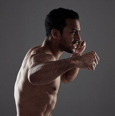 Poster - Man, boxer and punch in studio for workout for mma sport, fighter and background or training for challenge or competition fight. Strong, power and exercise for strength, combat fitness and health