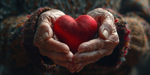Old wrinkled hands holding a heart in the hands, concept help in old age, aging well, help for the elderly