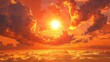 © JP STUDIO LAB - Beautiful summer landscape with a fiery orange sun, fluffy clouds scattered across the sky, and warm sunlight bathing the scene