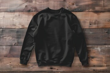 Mockup of a black sweatshirt lying flat on rustic wooden surface, perfect for casual wear or fashion concepts in a lifestyle setting.
