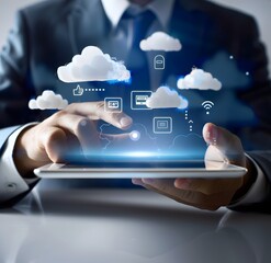 Wall Mural - Businessman touching a digital tablet with cloud computing icons floating above it, white background