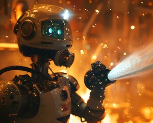 Wall Mural - A robot firefighter in a burning building in a spray of water extinguishes a fire with a hose